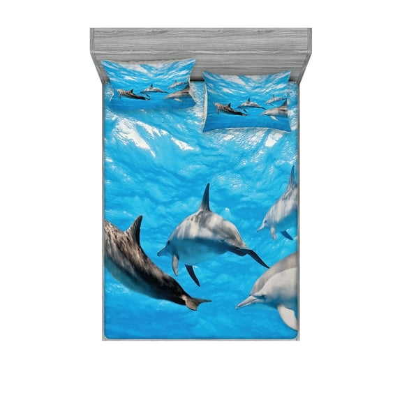 Dolphin Fitted Sheet & Pillow Sham Set, Underwater Photography of Dolphins Happily Swimming Ocean Animal Life Image Print, Decorative 6 Piece Bedding Decor Set, Calking, Blue Grey, by Ambesonne