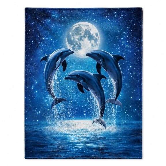 Dolphin Fleece Throw Blanket – Moonlit Ocean Print – Soft 280GSM Cozy Blanket for Couch or Bed