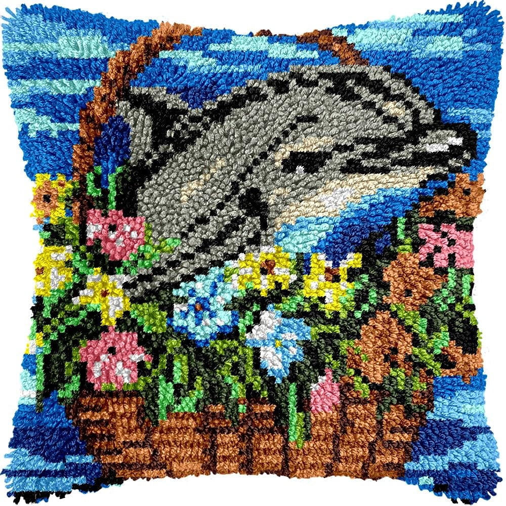 Dolphin & Flowers Latch Hook Pillow Kits Pillow Cover Latch Hook Crafts Crochet Knitted Hooking Pillowcase Cushion Crafts Embroidery Latch Hooking Kits Material Set 17x17 inch(39)