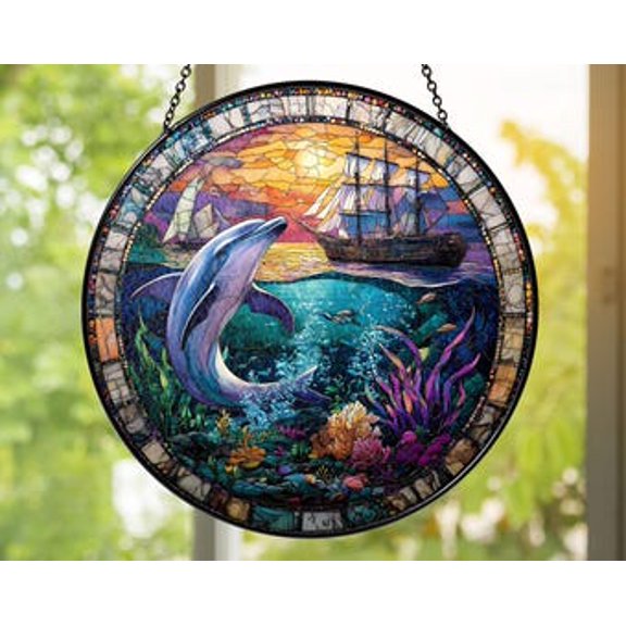 Dolphin Glass Suncatcher: Ocean Sunset Window Art, 3.5 in