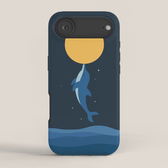 Dolphin, Golden Sun and Ocean Waves Tough iPhone Case, Dual-Layer Polycarbonate and TPU, Navy Blue