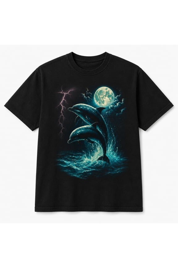 Dolphin Graphic Comfort Colors T-Shirt, Moonlit Ocean Unisex Relaxed Fit Garment-Dyed Cotton Tee