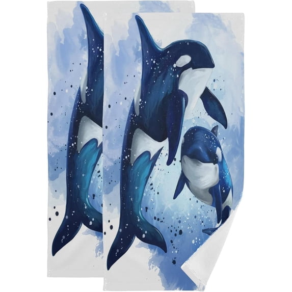 Dolphin Hand Towels 2 PCS, Mother and Child Kitchen Towel Ultra Soft and Highly Absorbent,Decorative Fingertip Face Towel for Bathroom Hotel, 28.3"x14.4"