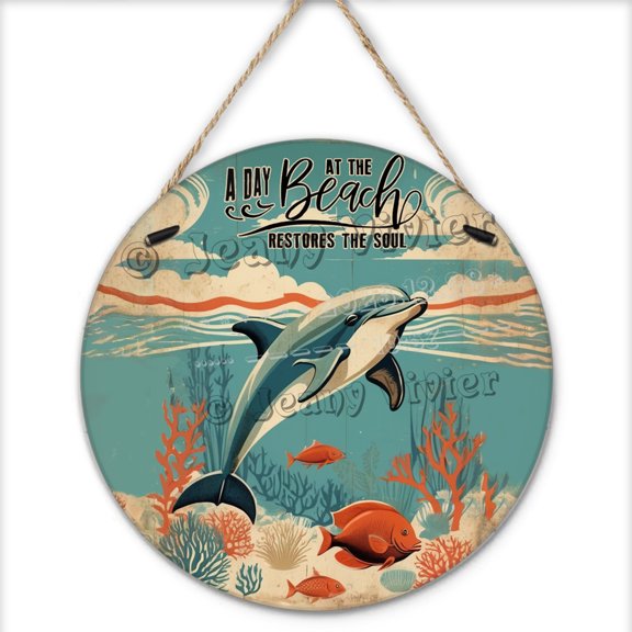 Dolphin Hanging Wood Sign 12"x12",Round Vintage Wooden Sign Antique Plaque Poster Dolphin Wall Decor Home Wall Decor Dolphin Ocean Theme Wood Sign