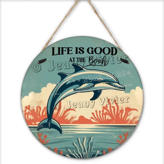Dolphin Hanging Wood Sign 12"x12",Round Vintage Wooden Sign Dolphins Bathroom Decor Wall Art Beach Shell Themed Blue Ocean Animal Pictures