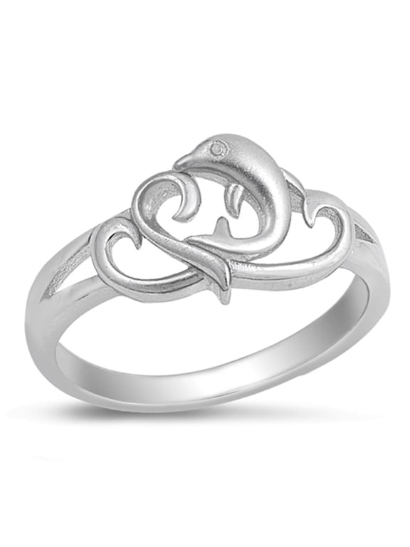 Dolphin Heart Ocean Animal Filigree Ring 925 Sterling Silver Band Jewelry Female Male Unisex Size 4