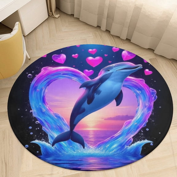 Dolphin Heart Splash Round Area Rugs for Bedroom Living Room, 3FT Soft Indoor Circle Carpets, Carpet Home Decor Floor Mat