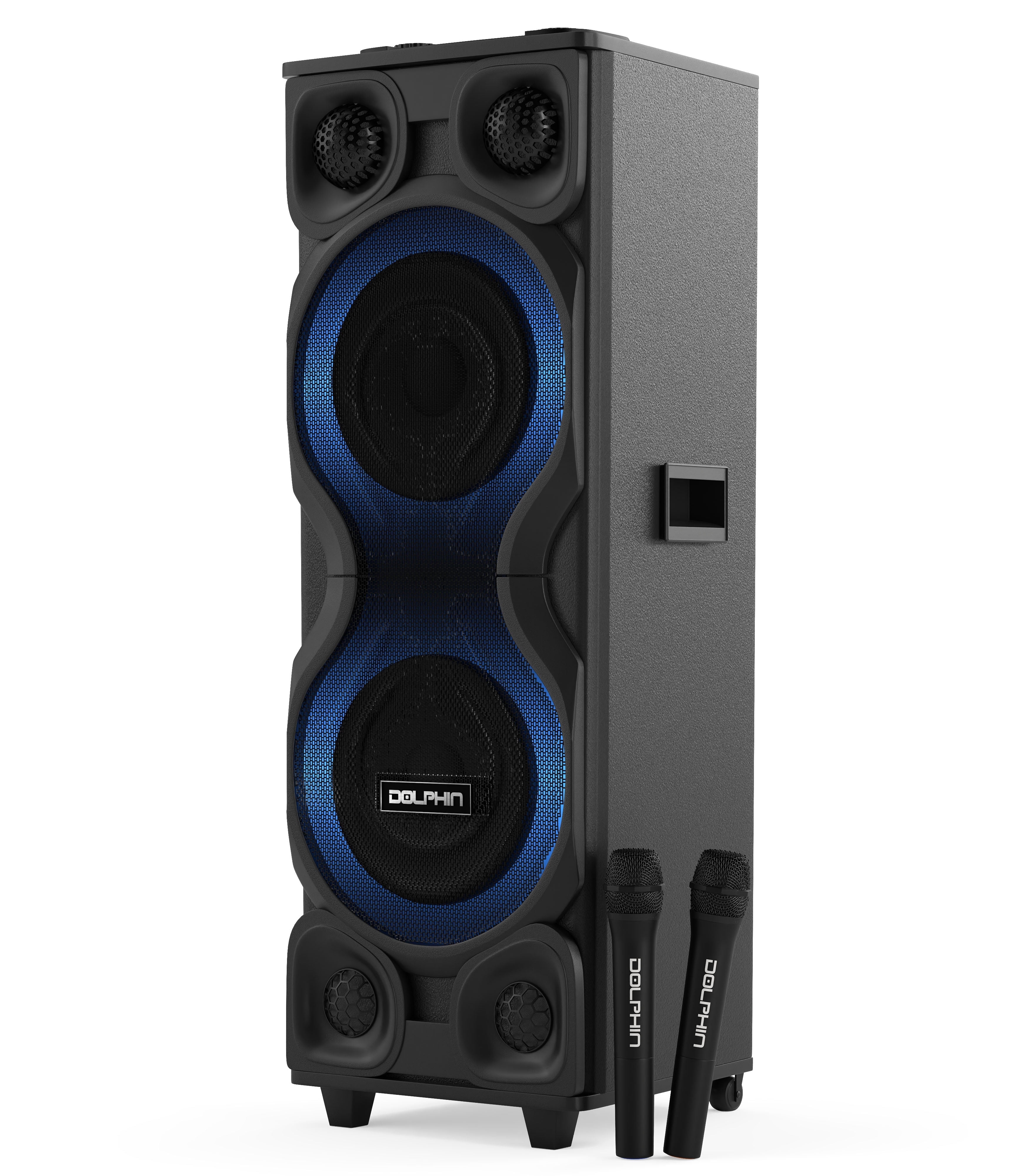 Dolphin High-Power Big Party Speaker X-BASS, Strobe & LED Infinity Lights, Bluetooth, Wood Cabinet MDF, 2 UHF Wireless Mics, 120W, Long-Lasting Battery for DJ & Karaoke