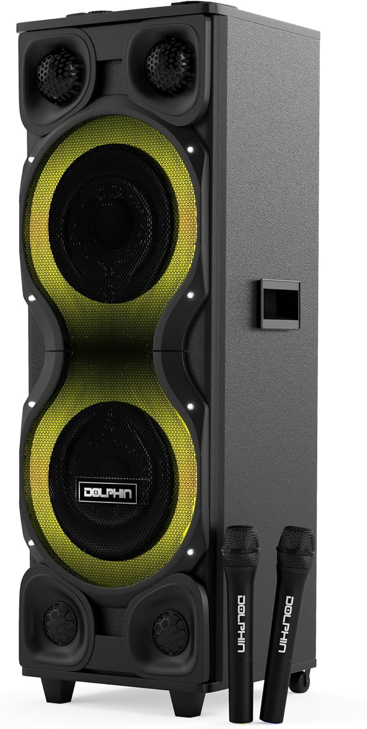 Dolphin SP-2250RBT High-Power Big Party Speaker – X-BASS, Strobe & LED Infinity Lights, Bluetooth, Wood Cabinet MDF, 2 UHF Wireless Mics, 120W, Long-Lasting Battery for DJ & Karaoke