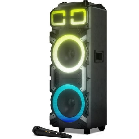 Dolphin High-Power Portable Bluetooth Speaker Wooden Cabinet, X-BASS, LED Lights, Wireless Microphone Ideal for Parties, Tailgating, and Events