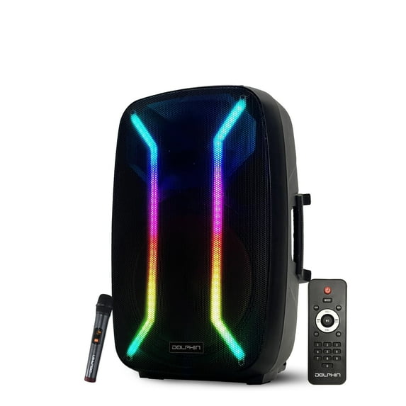 Dolphin High-Powered 15" Portable Bluetooth Party Speaker – Rechargeable with Multicolor LED Lights, XLR & AUX Inputs, Long-Lasting Battery, and Monster Bass