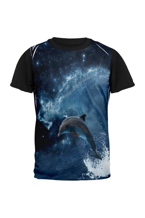 Dolphin IN SPACE Ocean Wave Adult Black Back T-Shirt - Medium