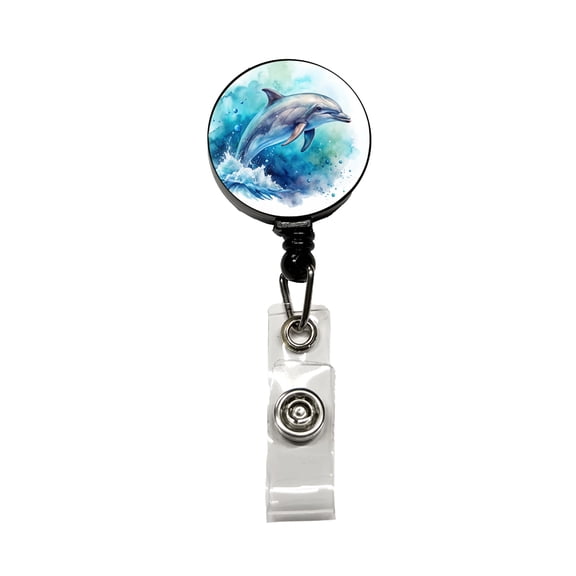 Dolphin In Ocean Watercolor Retractable Reel ID Badge Key Card Name Tag Holder with Clip