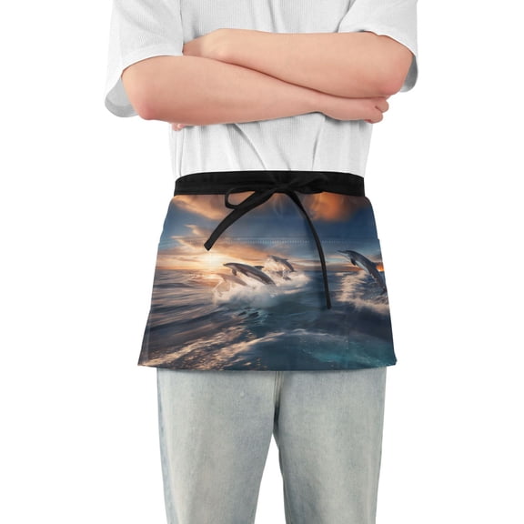 Dolphin Jump Out Sea Server Apron with 3 Pockets Waterproof Waitress Waist Short Apron for Man Woman 12 Inches