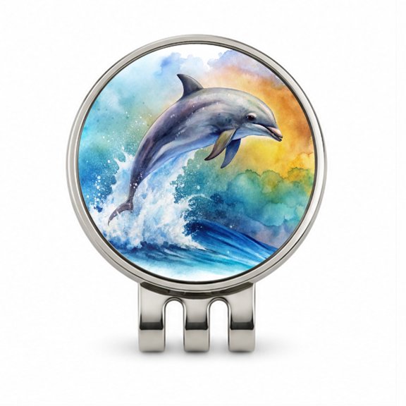 Dolphin Jumping In Ocean Watercolor Golf Hat Clip with Removable Magnetic Ball Marker