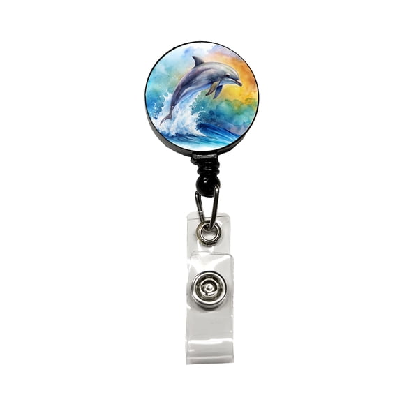 Dolphin Jumping In Ocean Watercolor Retractable Reel ID Badge Key Card Name Tag Holder with Clip