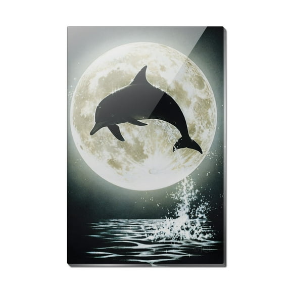 Dolphin Jumping Moon Ocean Night Silhouette Rectangle Acrylic Fridge Refrigerator Magnet