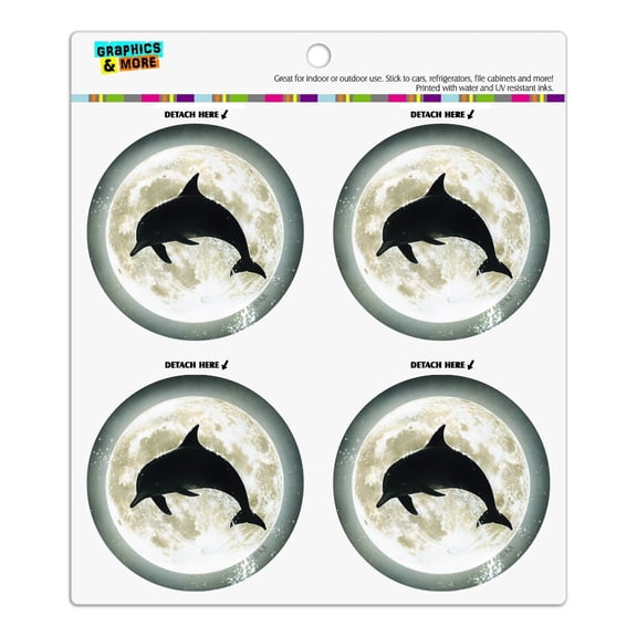 Dolphin Jumping Moon Ocean Night Silhouette Refrigerator Fridge Locker Vinyl Circle Magnet Set