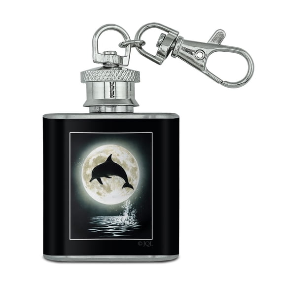 Dolphin Jumping Moon Ocean Night Silhouette Stainless Steel 1oz Mini Flask Key Chain