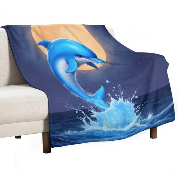 Dolphin Jumping Moonlight Ocean Throws Blankets for Sofa Bed Winter Plush Warm Blanket Holiday Gifts