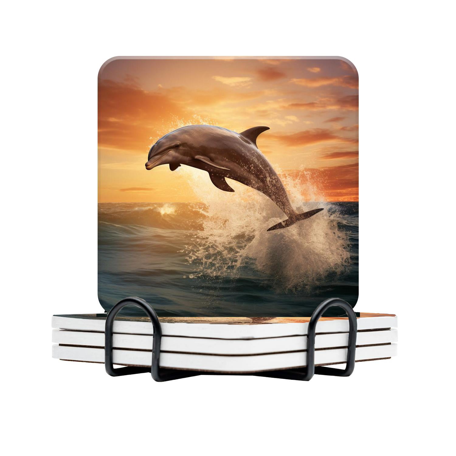 Dolphin Jumping Out of the Sea Multicolor Drink Coasters with Holder
