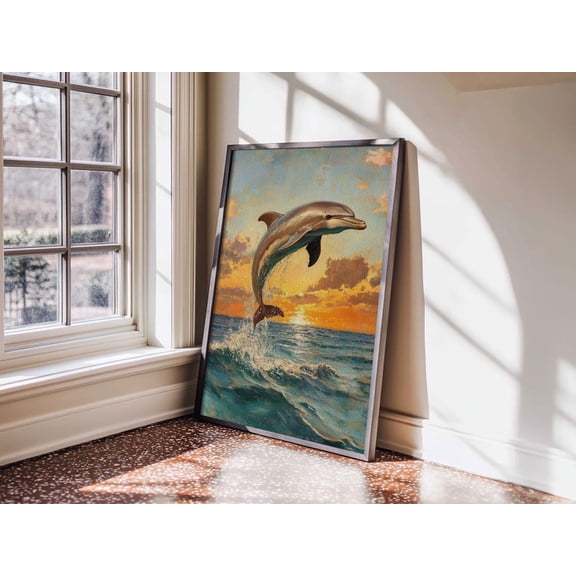 Dolphin Jumping Sunset Ocean Wall Art Unframed Paper Print