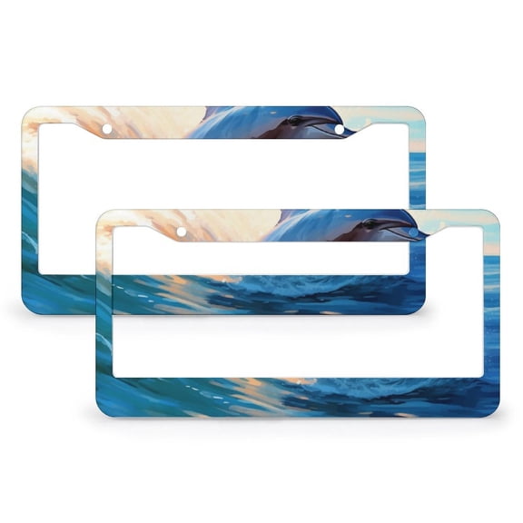Dolphin Jumping In The Surf License Plate Cover 2 Pieces Dolphins Swimming License Plate Cover Front Plates Frames Car Tag Frame for Men/Women 2 Hole Quality Aluminum Metal License Plate Frame