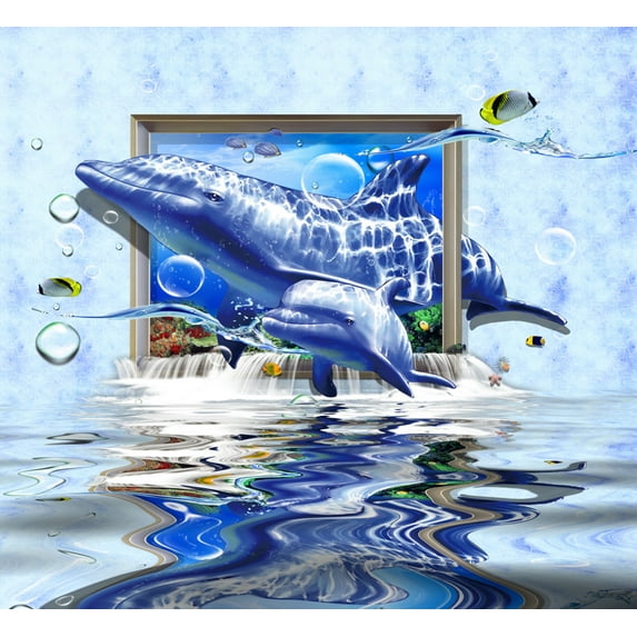 Dolphin Jumping Out of Window Canvas Art Creative 3D Dolphin Picture Wall Art Framed Undersea Fish Painting Wall Decor For Home Office Bedroom Reeady to Hang
