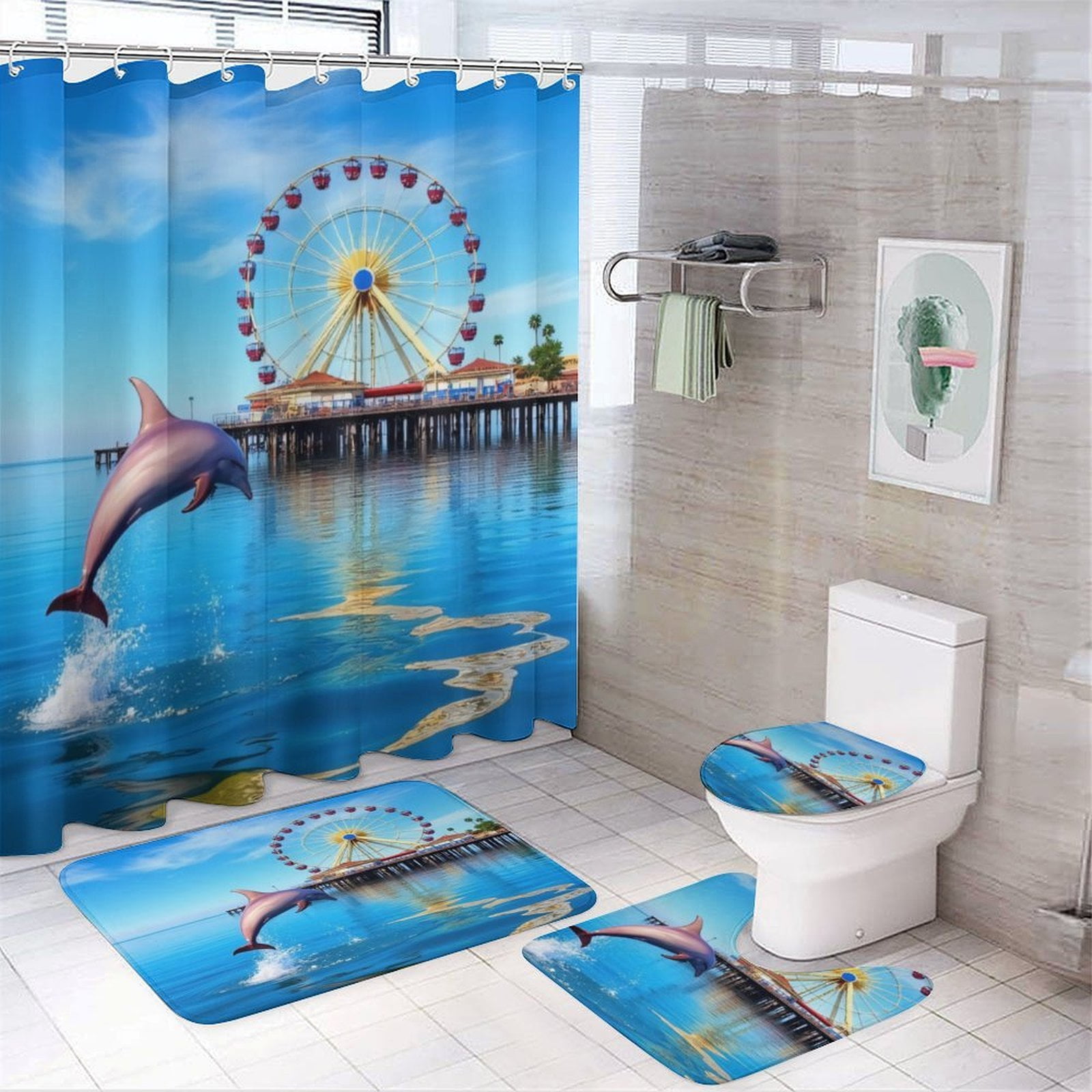 Dolphin Jumping by Ferris Wheel Shower Curtain Bathroom Sets Toilet Lid Rug,  Bath Mat And Contour Mat, Shower Curtain 4Pcs - Walmart.com, image size:1600x1600