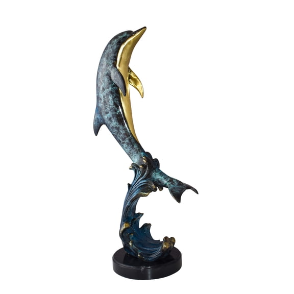 Dolphin Jumping the Waves Colored Bronze Statue Size: 15" x 10" x 31"H