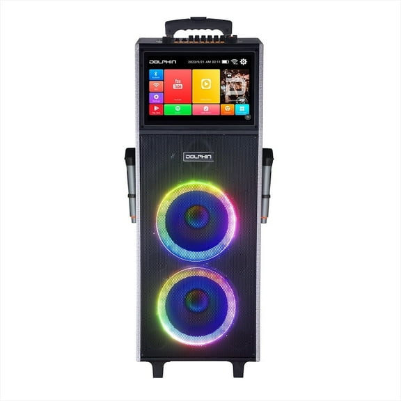 Dolphin KB-2100R Dual 10" Rechargeable Karaoke Speaker with Touchscreen Tablet - HDMI, Voice Modulation, Android & iOS Mirroring Includes 2 Wireless Microphones