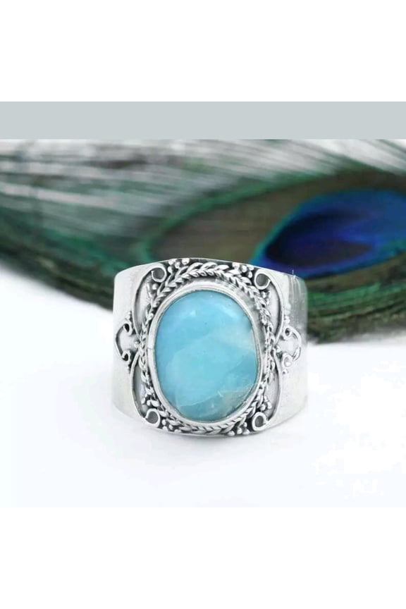 Dolphin Larimar Ring, Milky Blue Gemstone, Oval Shape Gemstone, Wide Band Ring, Statement Ring, Healing Crystal Ring, Filigree Gemstone Ring
