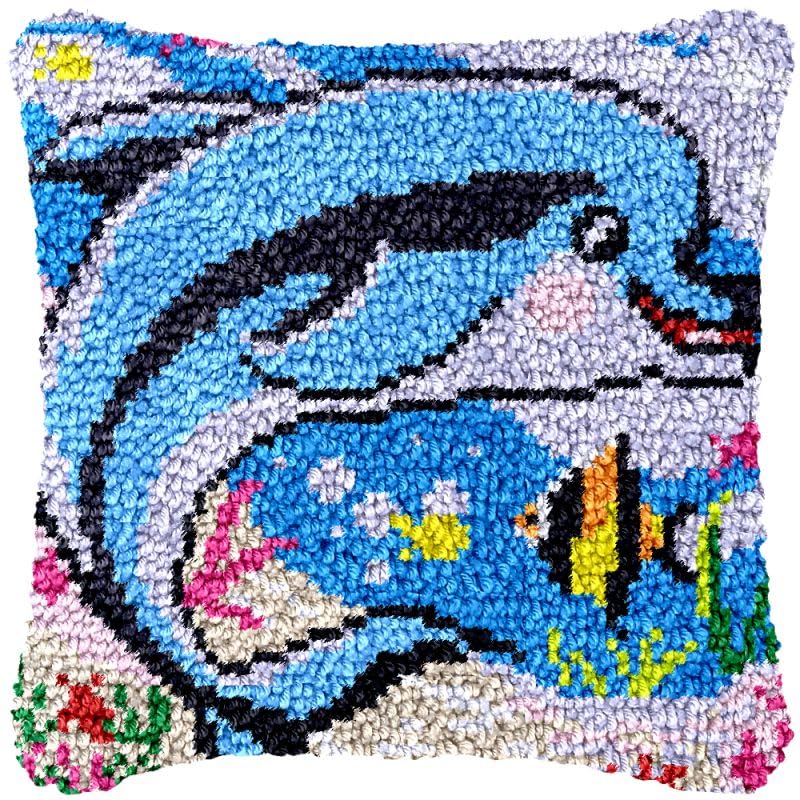 Dolphin Latch Hook Pillow Cover Kits for DIY Handmade Throw Pillow Cross Stitch Latch Hook Pillowcase Rug Kits with Preprinted Color Pattern Canvas Crochet Yarn Kits 17''X 17''(ys56)