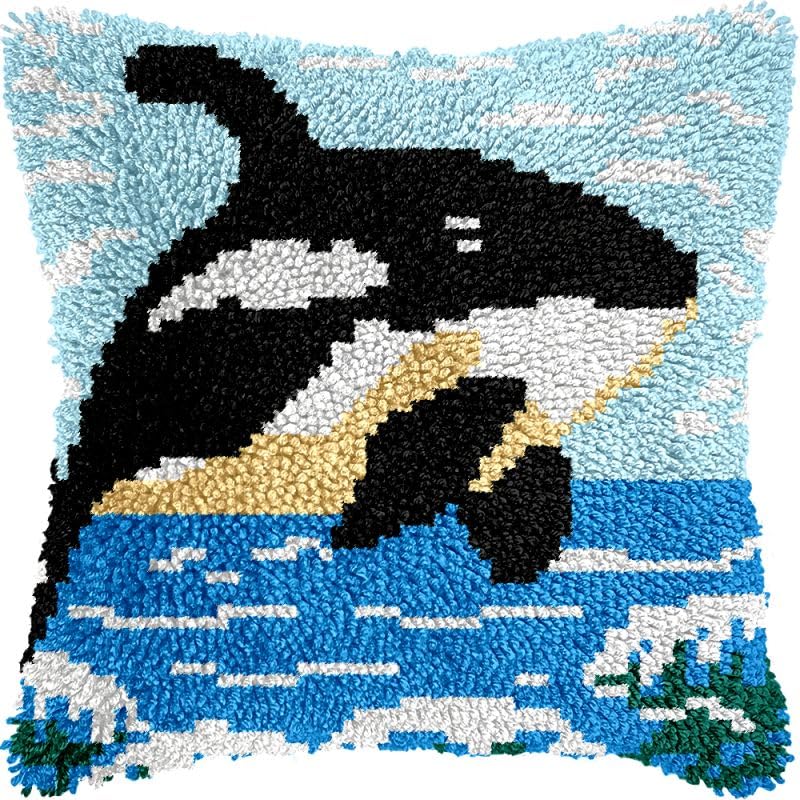 Dolphin Latch Hook Pillow Kits Cushion Pillowcase with Pattern Printed Canvas Sofa Hooking Pillows Crafts Embroidery Latch Hooking Crochet Kits 17x17 inch(98)