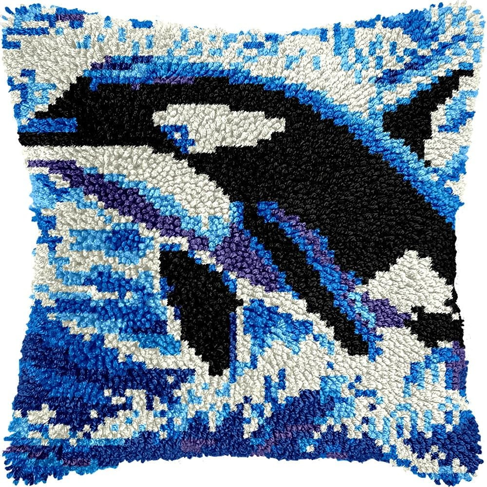 Dolphin Latch Hook Pillow Kits for DIY Handmade Throw Pillow Cushion Embroidery Latch Hooking Pillowcase Kits with Preprinted Canvas Crochet Yarn Kits 17''X 17''(g4)