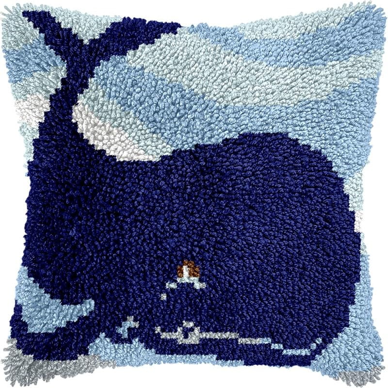 Dolphin Latch Hook Pillow Kits Pillow Cover with Pattern Printed Canvas Crochet Cross Hooking Pillowcase Cushion Crafts Embroidery Latch Hooking Crochet Kits 17x17 inch(124)