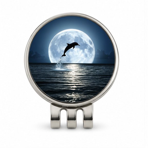 Dolphin Leaping Over Ocean Glowing Moon Golf Hat Clip with Removable Magnetic Ball Marker