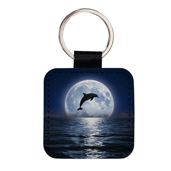 Dolphin Leaping Over Ocean Sea Full Moon Faux Leather Square Keychain