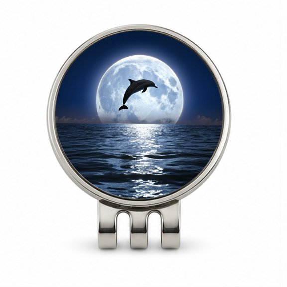 Dolphin Leaping Over Ocean Sea Full Moon Golf Hat Clip with Removable Magnetic Ball Marker