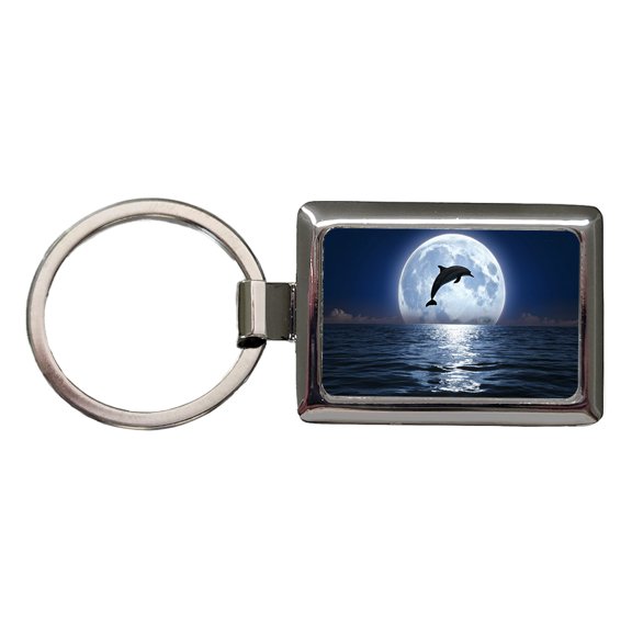 Dolphin Leaping Over Ocean Sea Full Moon Metal Rectangle Keychain
