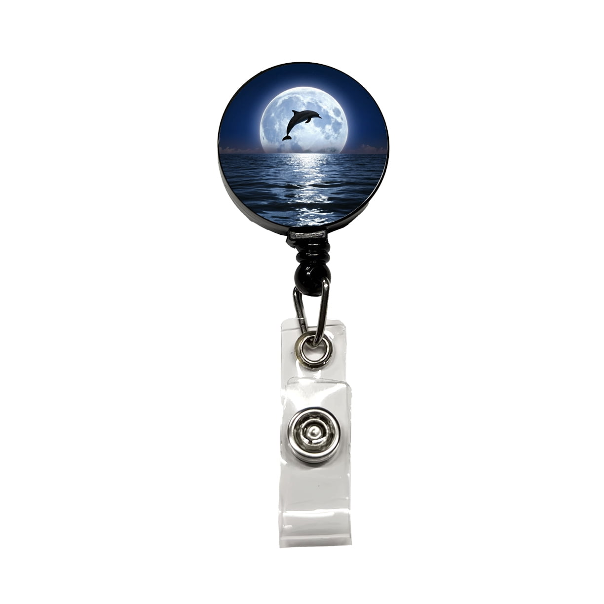 Dolphin Leaping Over Ocean Sea Full Moon Retractable Reel ID Badge Key ...