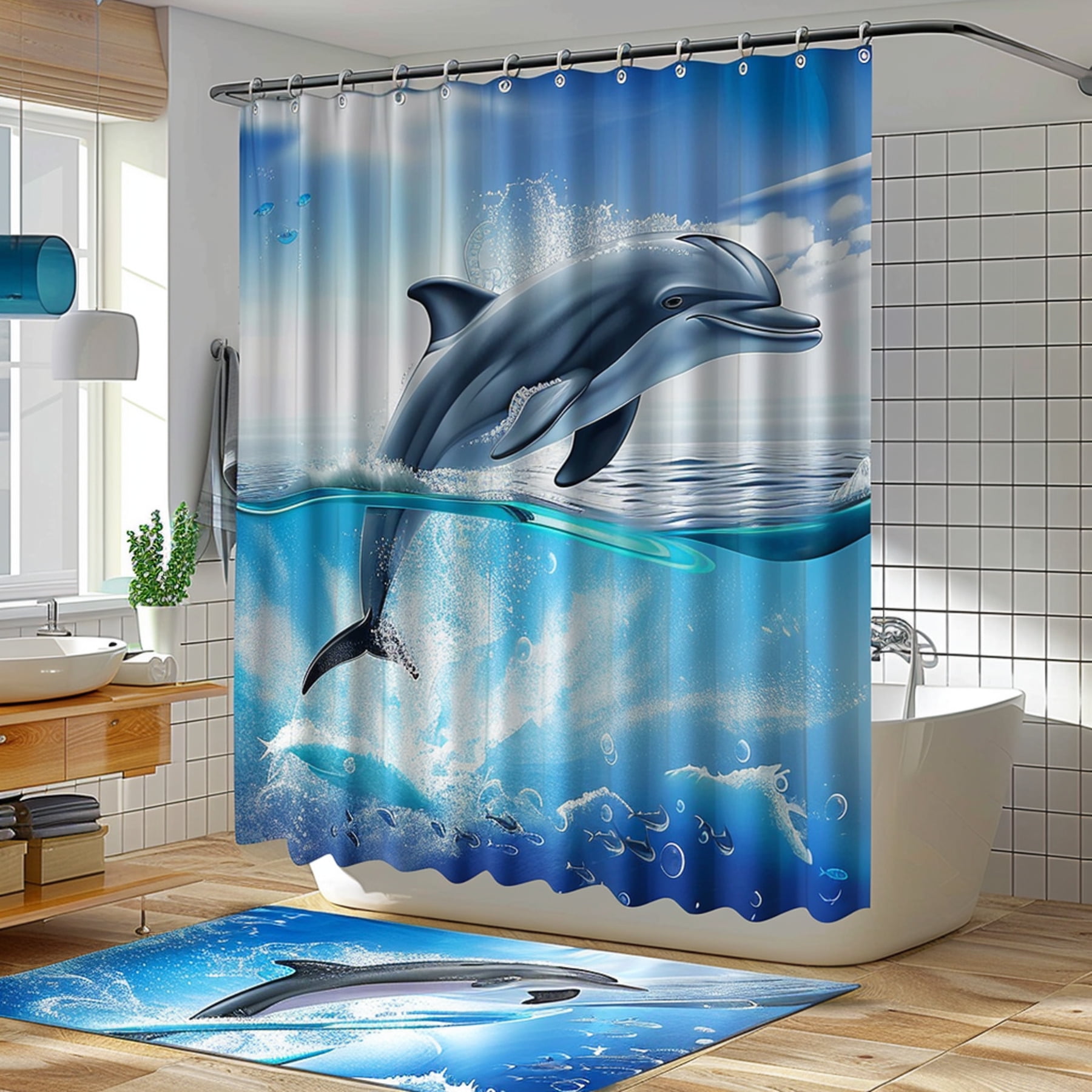 Dolphin Logo Bathroom Set Oceanthemed shower curtain with jumping dolphins white tiled walls