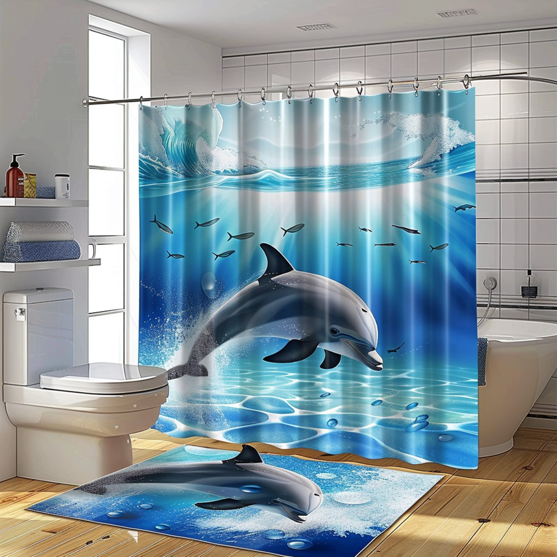 Dolphin Logo Bathroom Shower Curtain with Ocean Scene and Jumping Dolphins White Tiles Light