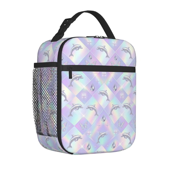 Dolphin Lunch Bag, Modern Silhouette Golden Ocean Tote, Reusable Simple Abstract Thermal Cooler, Aesthetic Celestial Starry Daily Meal Box for Work