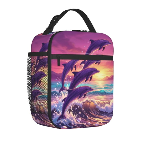 Dolphin Lunch Box, Shiny Pearl Tone Insulated Carrier, Reusable Padded Thermal Bento Tote, Beautiful Butterfly Marine Art Handbag, Thoughtful Gift for Her