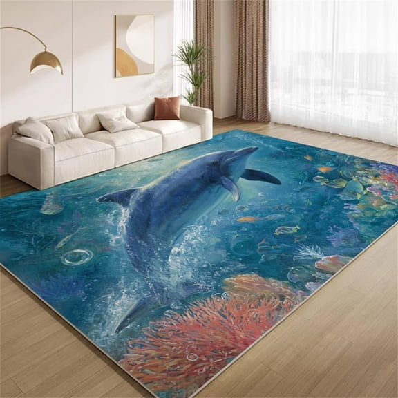 Dolphin Marine Life Area Rugs, Undersea Ocean Theme Pattern Carpet, Washable Non Slip Low Pile Soft Rug for Living Room Bedroom Decor Mat 3ftx5ft