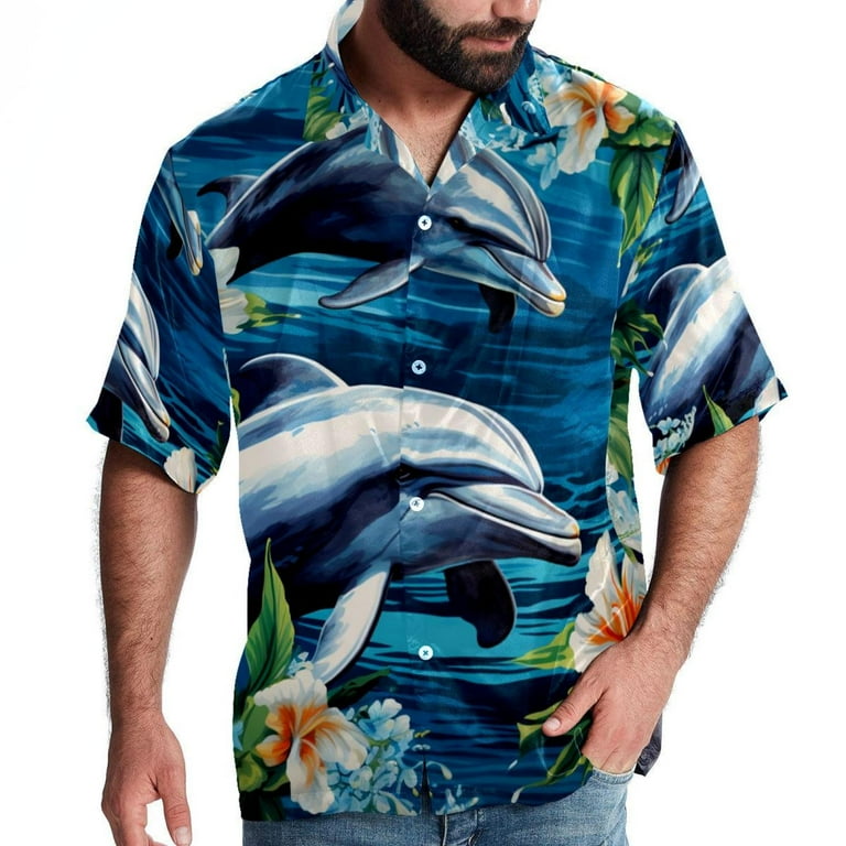 Dolphin Men s Hawaiian Shirt Button Down Poplin Short Sleeve Casual Summer Beach Printed Unisex Shirts