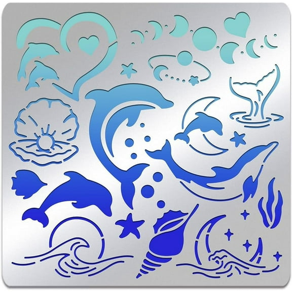 Dolphin Nebula Metal Journal Stencil 6x6" Ocean Theme Stainless Steel Template for Painting Wood Burning Journaling