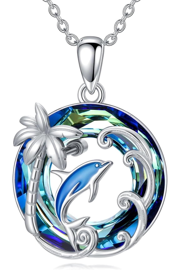 Dolphin Necklace 925 Sterling Silver Palm Tree Dolphin Pendant Necklace with Blue Circle Crystal Beach Ocean Jewelry Gifts for Women