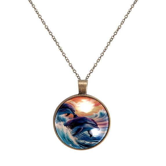 Dolphin Necklace Personalized Custom Photo Round Pendant Adjustable Stainless Steel Necklaces with Gift Box for Men Women Mothers Valentine's Jewelry Gift